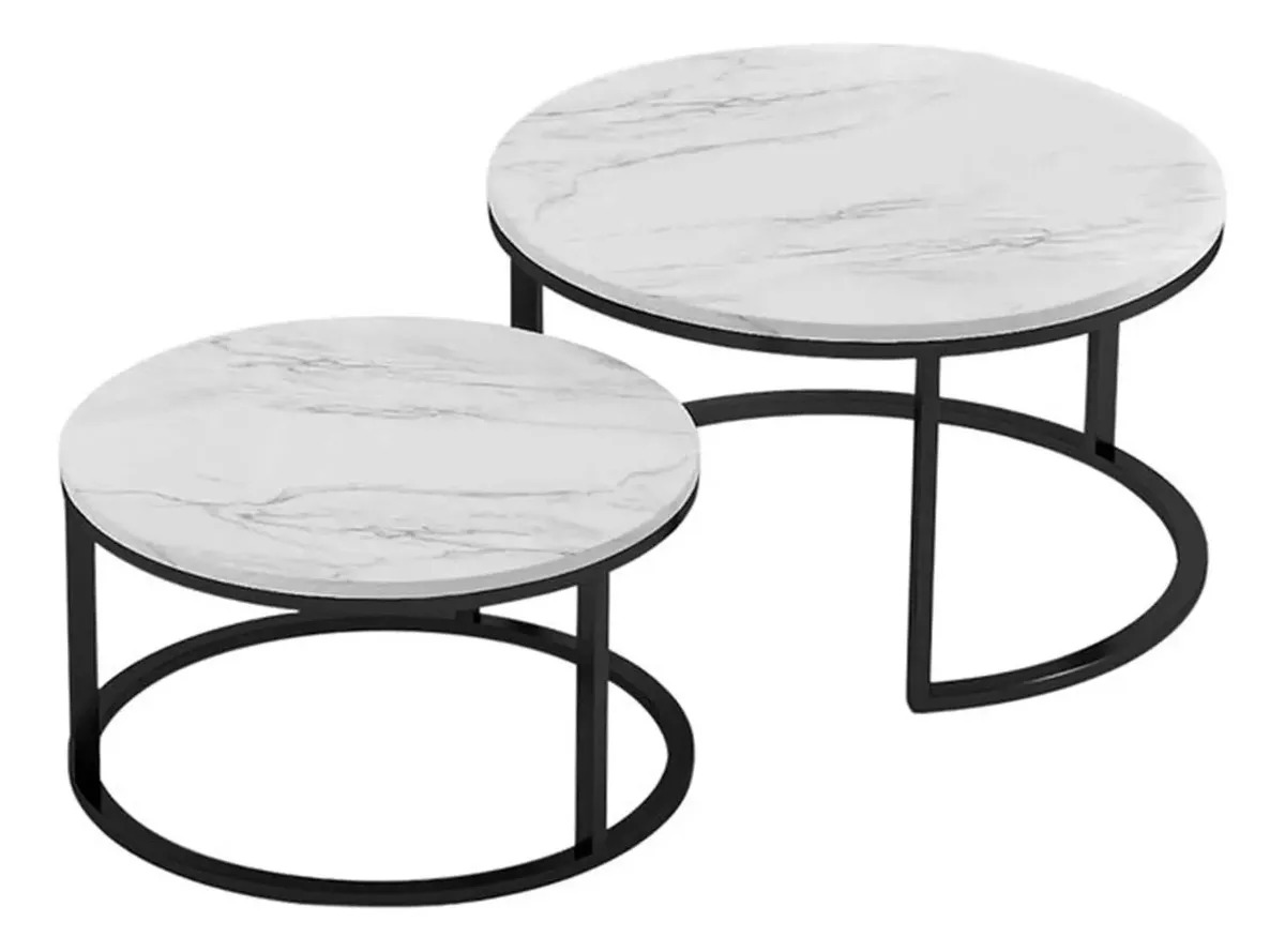 Set De 2 Mesas De Centro Circulares Minimalista Moderno Blanco/negro