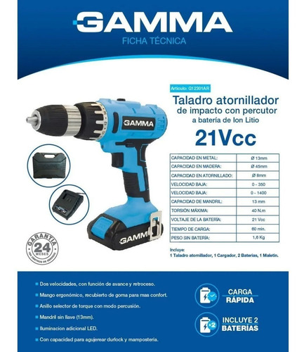 Taladro Percutor Y Destornillador Gamma G12301 Inalambrico