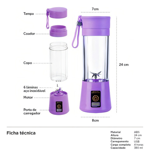 Mini Liquidificador Portátil Mixer Juice Usb Recarregável Cor Lilás