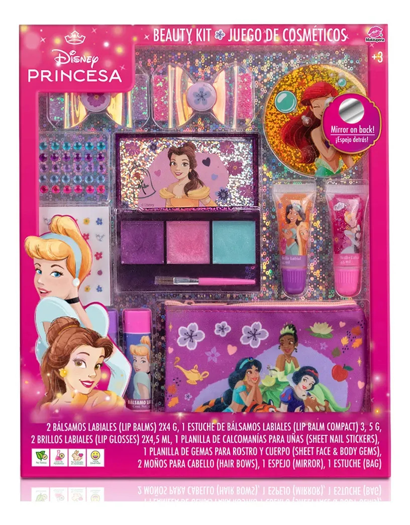 Makeuperia Beauty Kit Disney Princesas, Set De Maquillaje Infantil Con Brillos, Bálsamos, Espejo, Stickers y Moños, Cosméticos Infantiles No Tóxicos, Juguete Seguro Para Niñas
