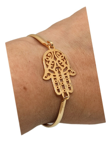 Pulsera Manito De Ala Hamsa Turca De Acero Quirúrgico.marian Color Dorado Diámetro 18 cm Largo 18