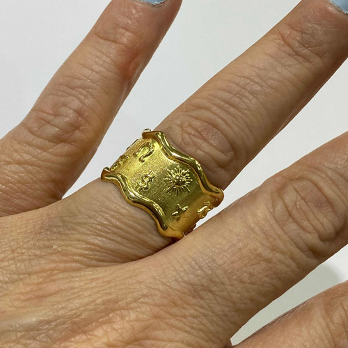 Anel Aliança Zodiaco Signo Trabalhado 1.5 Cm Ouro 18k Desenh