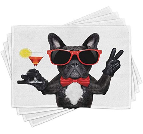 Lunarable Funny Place Mats Juego De 4 French Bulldog Holding