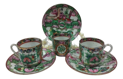 Antiguo Juego Cafe Porcelana Canton Famille Rose X 3 Duos