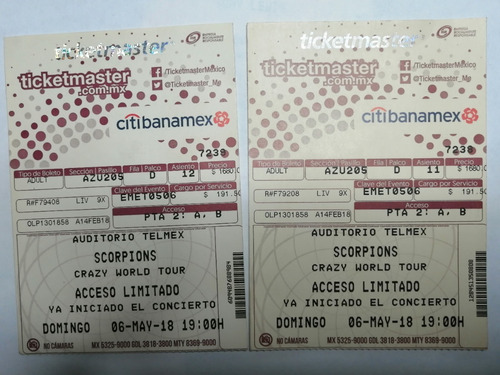 Boletos Coleccion Scorpions Crazy World Tour 2019 Gdl (Usado)