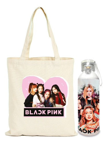 Tote Bag Bolsa Black Pink + Botella En Aluminio -estampaking