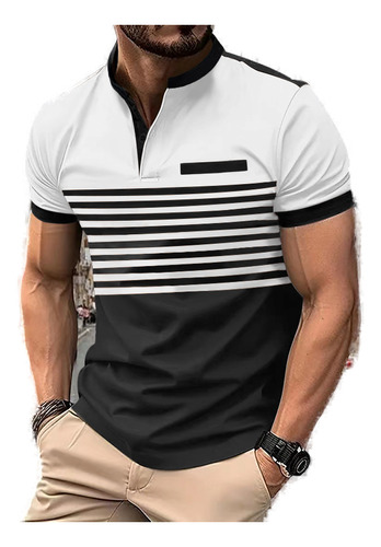 Camisa Casual De Manga Corta A Rayas Con Cuello En V Y Boton