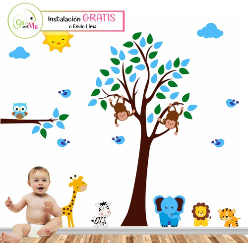 Vinilo Decor Infantil Cuarto Bebe Árbol Azul + Instalacion
