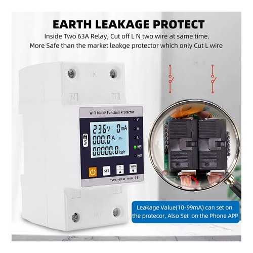 63a Tuya Smart Earth Fuga Sobre Bajo Voltaje Protector Relé