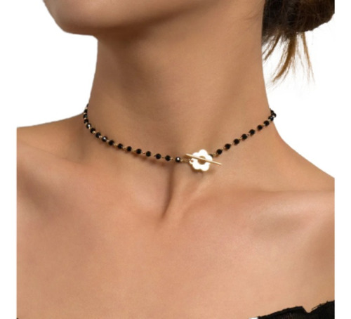 Gargantilla Con Cadena Cuentas De Cristal Negro Para Mujer