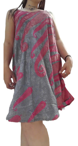 Vestido De Seda Hindú Corto - Gris Y Fucsia