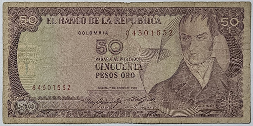 Billete 50 Pesos 01/ene/1985 Con Fibras Colombia Fine