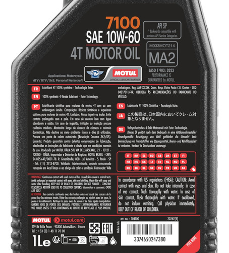 Aceite De Motor A Gasolina 4 Tiempos Motul 7100 10w60 4l