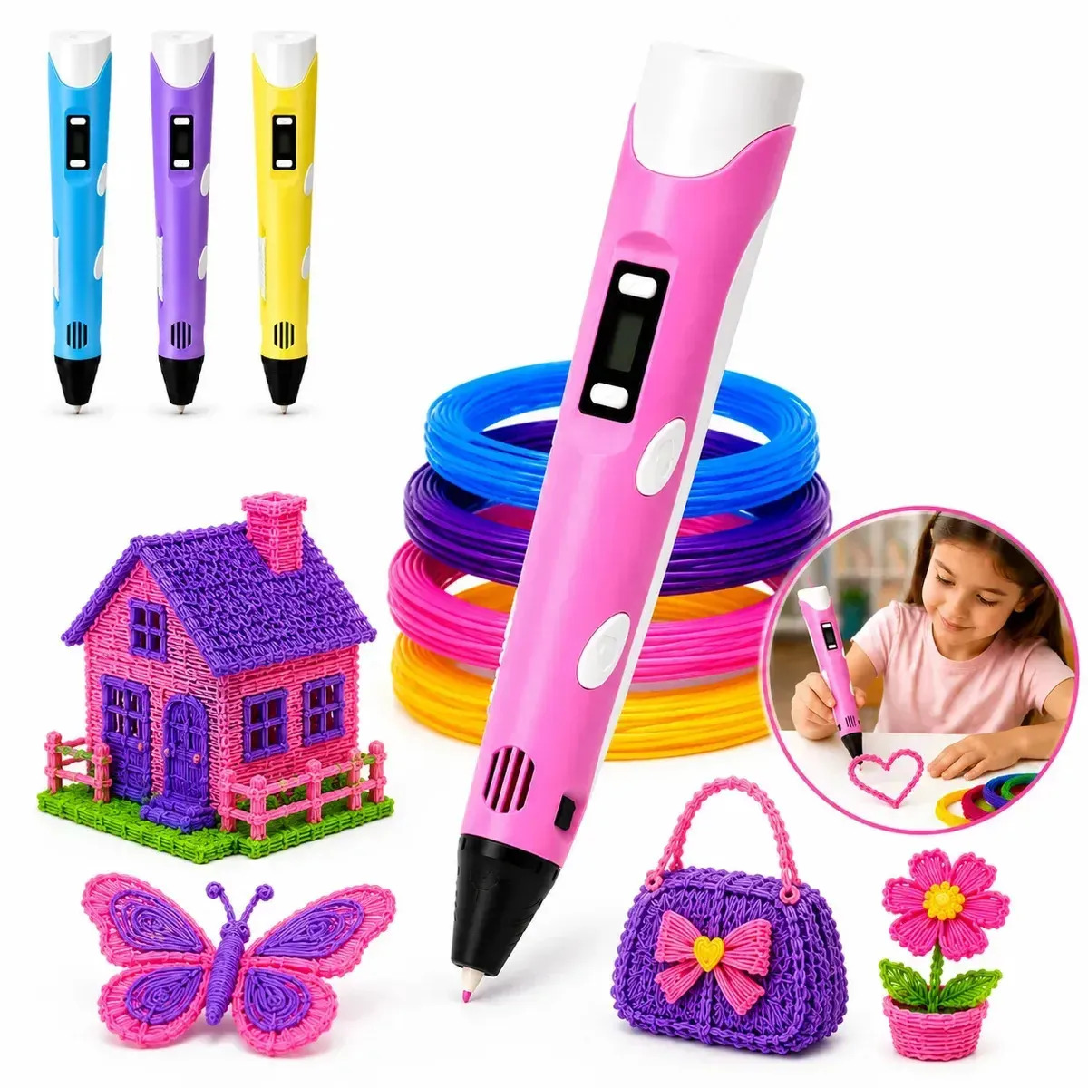 Caneta 3D Impressora Profissional Infantil + Refil Filamento 9m + Cabo Usb - Rosa