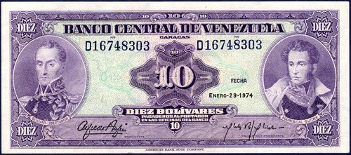 Billete 10 Bolívares D8 Enero 29 1974 Simón Bolívar Y Sucre (Usado)