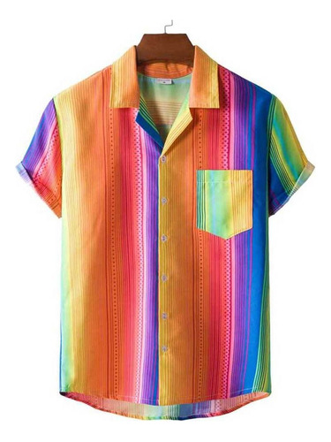 Camisa De Playa Havaiana Listrada Arcoíris Masculina N