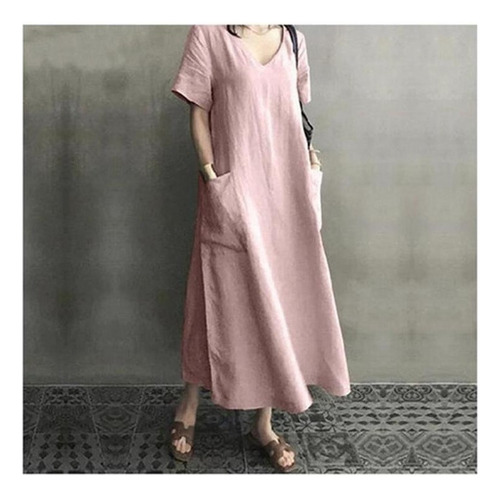 Vestido De Lino Y Algodón Con Cuello En V Para Mujer