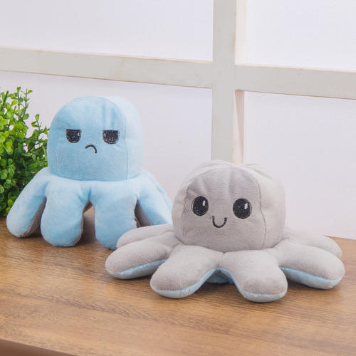 Pulpo reversible de peluche bipolar azul y gris, 14 cm