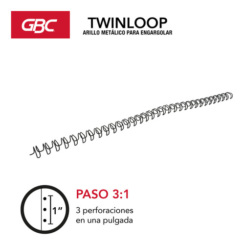 Arillo Metálico Twinloop Gbc 1/4 Pulgadas Paso 3:1 -100 Pzs Color Negro