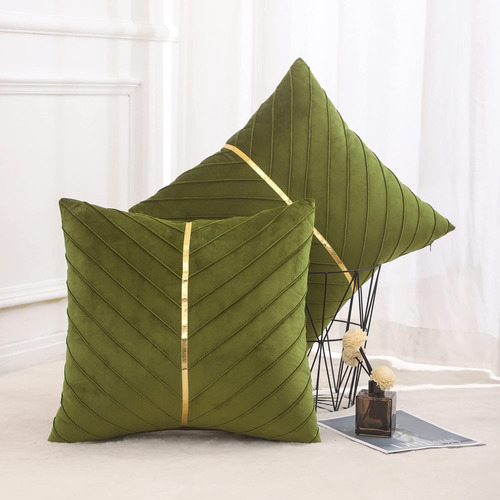 Fundas De Cojin Verde Olivo Con Franja Dorada 60x60cm 2 Pzs