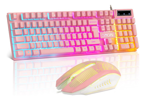 Combo De Teclado Y Mouse Rosa Para Juegos, Teclado Iluminado