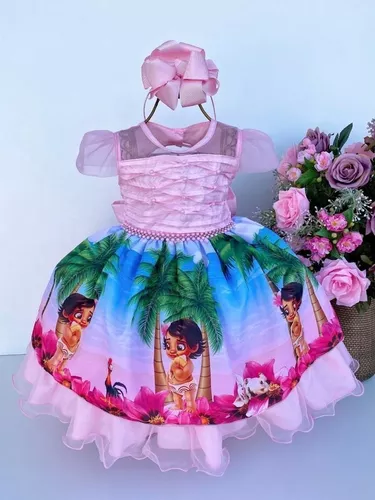 Vestido Temático Moana Baby Rosa Luxo Festa Aniversário