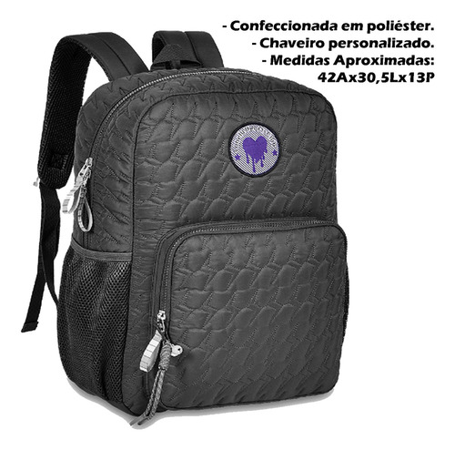 Mochila De Costas Escolar Clio Girls Preta Com Chaveiro