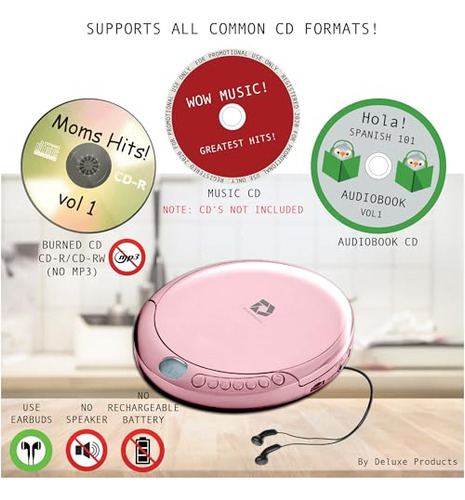 Leitor De Cd Portátil Rosa - Fones De Ouvido Estéreo Antider
