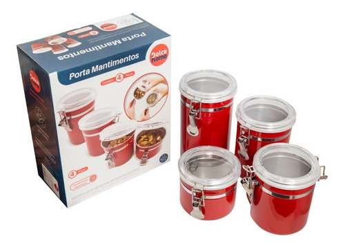 Jogo 4 Porta Mantimentos Vermelho Inox Hermético A7