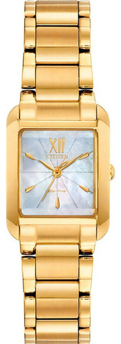 Reloj de pulsera Citizen Citizen L Bianca EW5552-53D de cuerpo color dorado, analógico, para mujer, fondo madre perla 61268, con correa de acero inoxidable color y mariposa