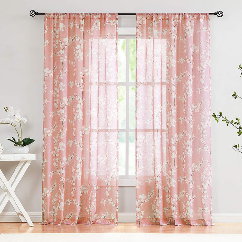 Cortinas Transparentes De Mezcla De Lino Con Diseno Floral F