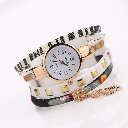 Reloj Brazalete Dije Hoja Oro Pulsera Moda Dama Mujer B114 Correa Blanco