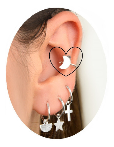 Ear Cuff Luna Plata Ley 925 Arete Clip Minimalista Boho