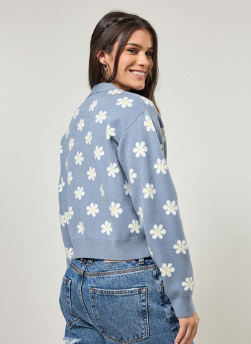 Cardigan Tricô Jacquard Azul Com Margaridas