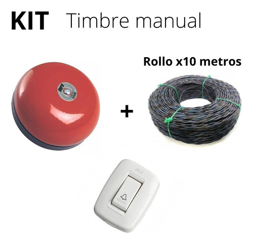 Kit Timbre Manual Campana Roja + 10m Cable + Switch Pequeño