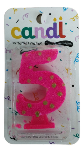 Vela Numero Rosa Fluo Con Lunares Nº5 - Cotillón Waf