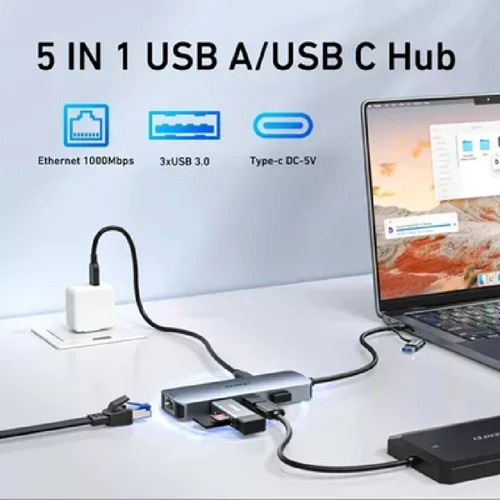 Adaptador Hub Usb 6 En 1 Usb-c Hdmi Rj45 Usb 3.0 Usb-c Pd Gris