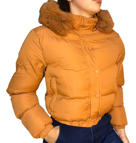 Campera Puffer Mujer Corta Con Capucha Piel Abrigo Inflable