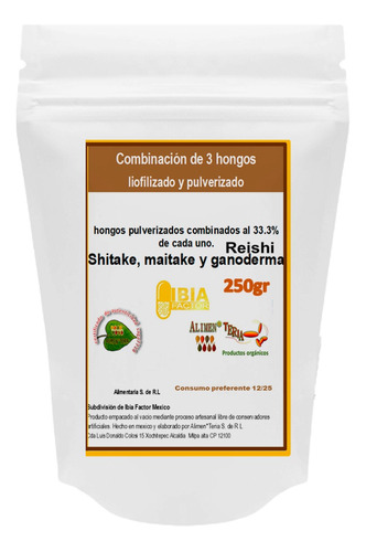 250gr Reishi Shiitake Y Maitake Combinados En Polvo Orgánica
