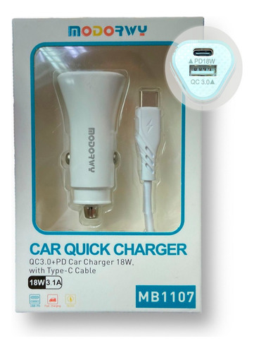 Cargador Rápido Auto + Usb - Pd 18w Qc 3.0 Con Cable Color Tipo C