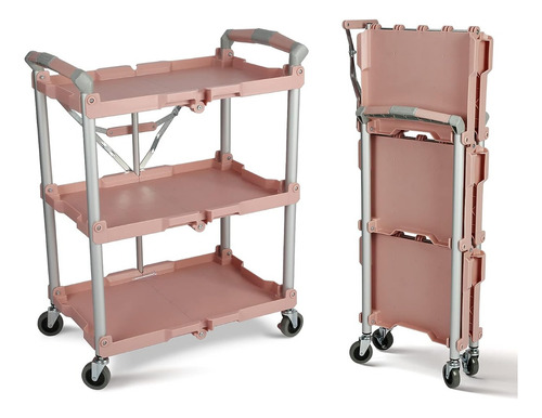 Carrito De Servicio Plegable; C/3 Estantes, 150 Lbs; Rosa