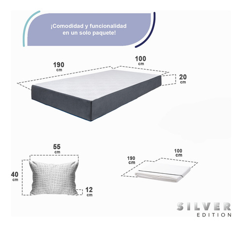 Colchón Individual En Caja 20 Cm + Juego Sábanas Y Almohada Blanco Con Gris
