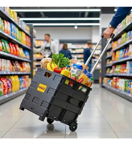 Carrinho Dobrável Multiuso Portátil Vira Maleta Cesto Feira 45 Litros Preto