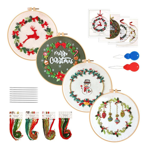 E Bordado Navidad Kit 4 Pieza Para Principiante Muñeco Nieve