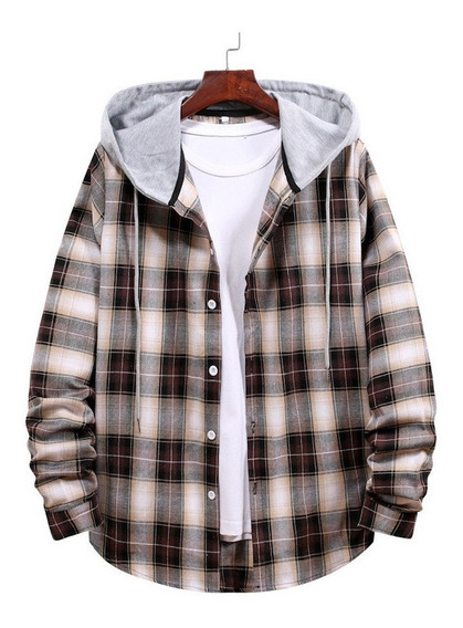 Camisa Xadrez Masculina com Capuz Estilo Streetwear Moda Inverno