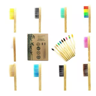 Set 10 Cepillos Dientes Madera Bambu Ecologico Cerda Suave