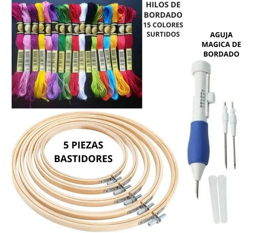 Kit De Bordado Bastidor Madera + Aguja Mágica + Hilos Bordar