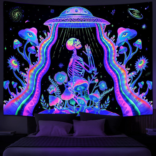 Galoker Blacklight Skeleton Tapestry Trippy Mushroom Flor Aa