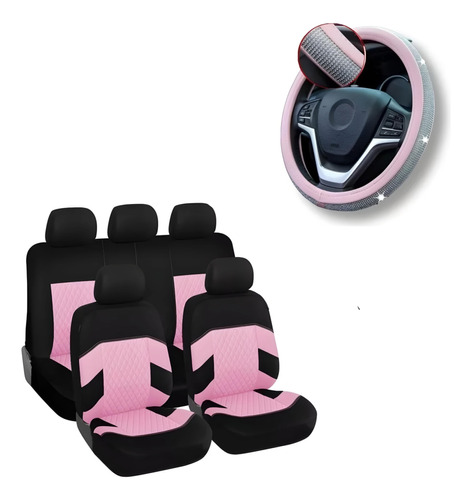 Pack Funda Cubre Asiento Auto Rosa + Cubre Volante Rosa Pied