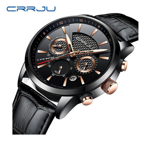 Cronógrafo de couro analógico luminoso Crrju para homens, cor de fundo: preto/rosa dourado
